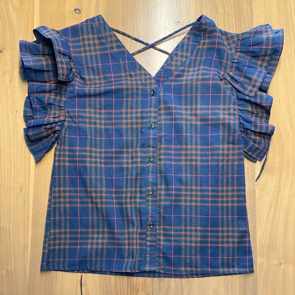 Plaid Ruffle Sleeve Button Up Top - Picture 5 of 9